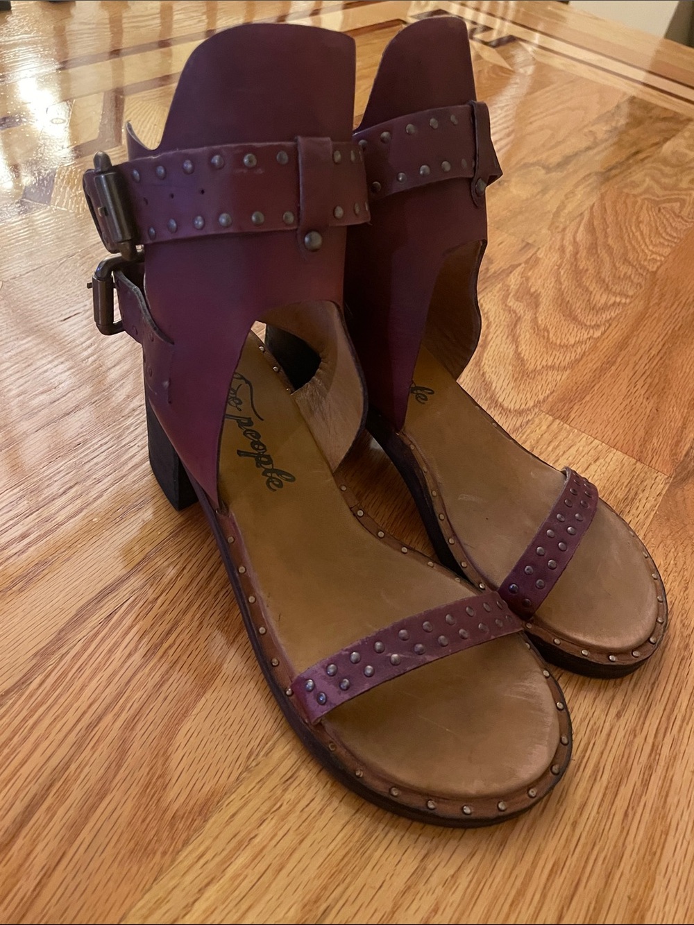 Free People Plum Studded Leather Block Heel Sandals